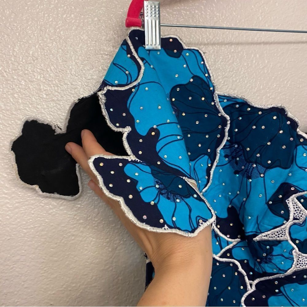 OOAK Custom Blue Floral Rhinestone Rockabilly Pin Up coquette Party Dress 12-14 - Picture 12 of 15